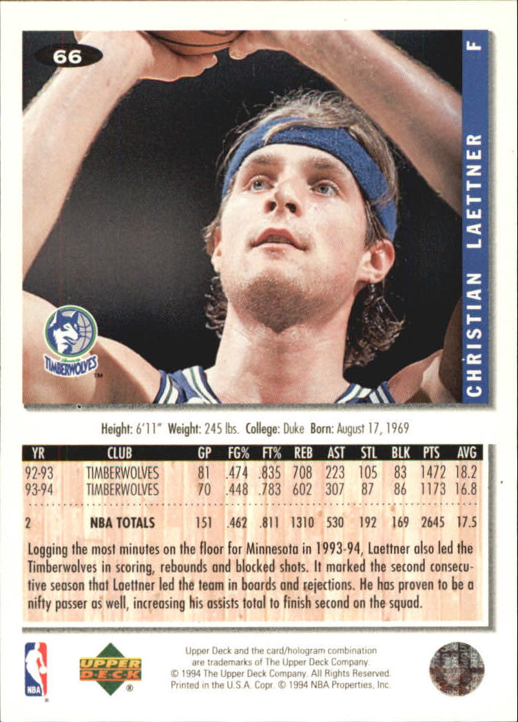 1994-95 Collector's Choice Gold Signature #66 Christian Laettner back image