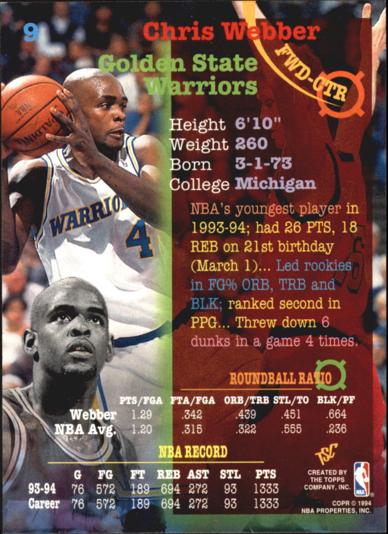 1994-95 Stadium Club Super Teams NBA Finals #9 Chris Webber back image