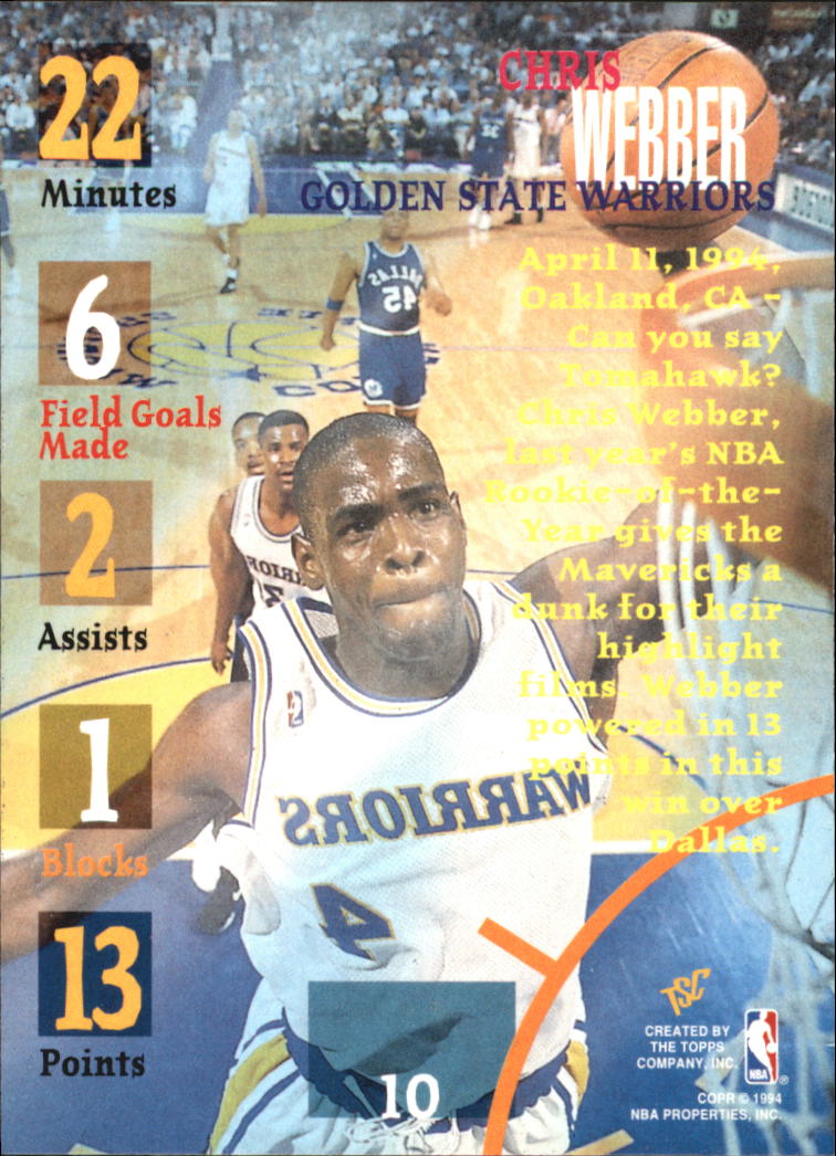 1994-95 Stadium Club Super Teams NBA Finals #10 Chris Webber TG back image