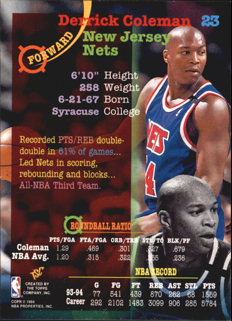 1994-95 Stadium Club Super Teams NBA Finals #23 Derrick Coleman back image