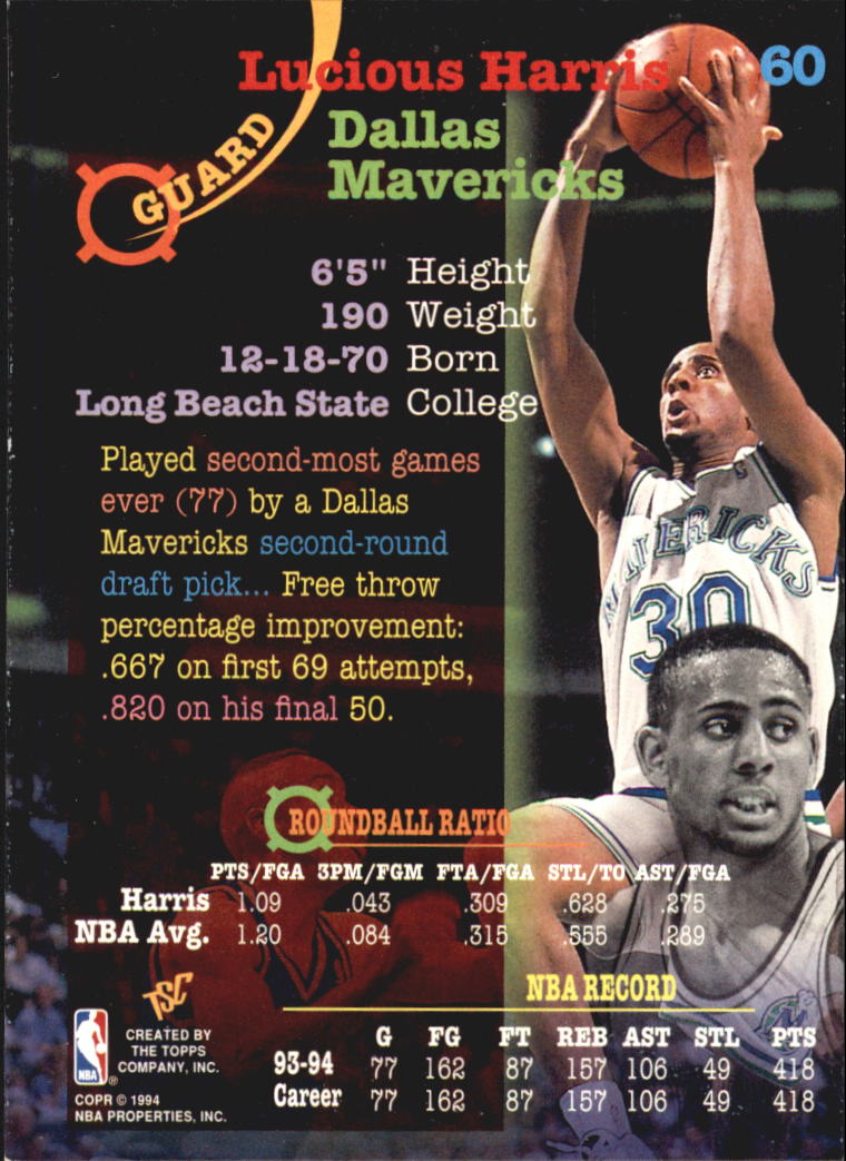 1994-95 Stadium Club Super Teams NBA Finals #60 Lucious Harris back image