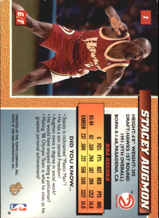 1994-95 Embossed #1 Stacey Augmon back image