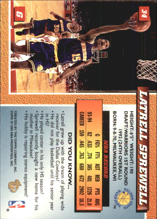 1994-95 Embossed #34 Latrell Sprewell back image