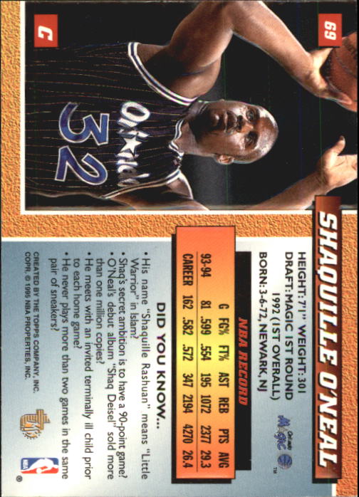 1994-95 Embossed #69 Shaquille O'Neal back image