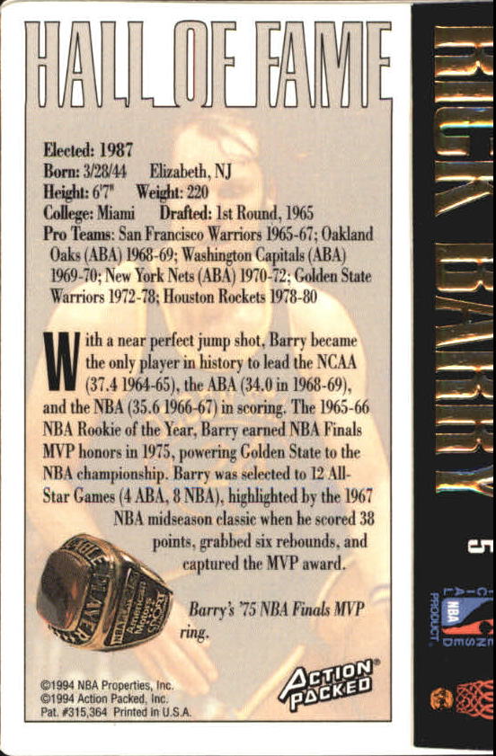 1995 Action Packed Hall of Fame #5 Rick Barry back image