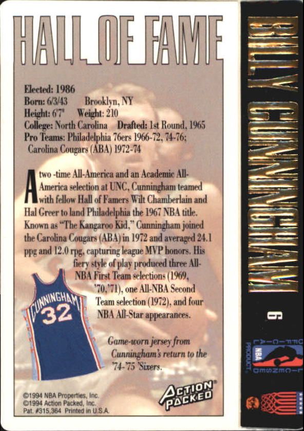 1995 Action Packed Hall of Fame #6 Billy Cunningham back image