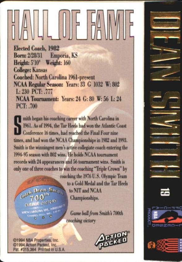 1995 Action Packed Hall of Fame #19 Dean Smith back image