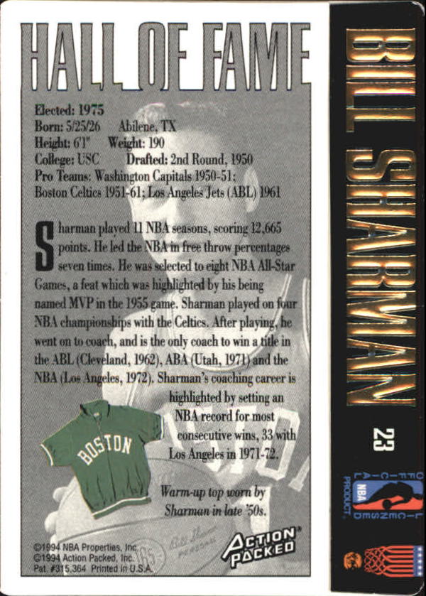 1995 Action Packed Hall of Fame #23 Bill Sharman back image