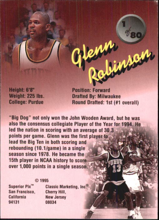 1995 Superior Pix #1 Glenn Robinson back image