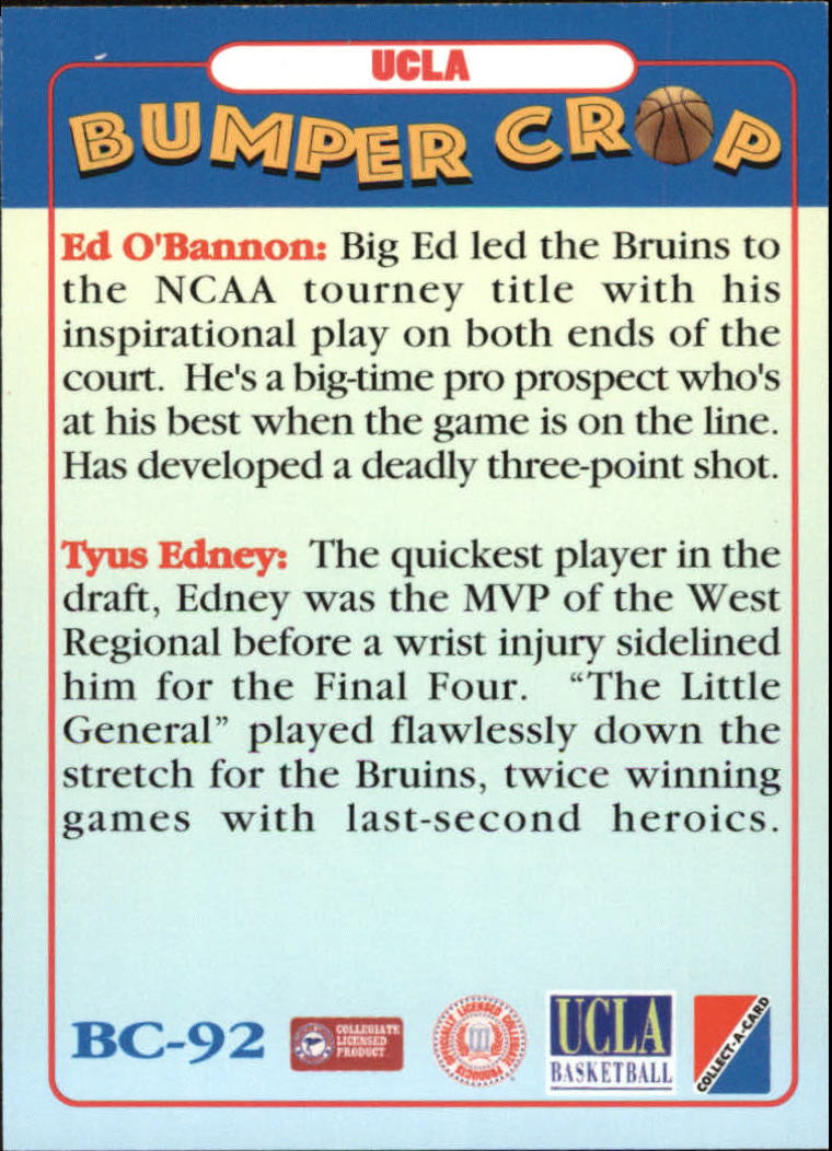 1995 Collect-A-Card #92 Ed O'Bannon/Tyus Edney back image