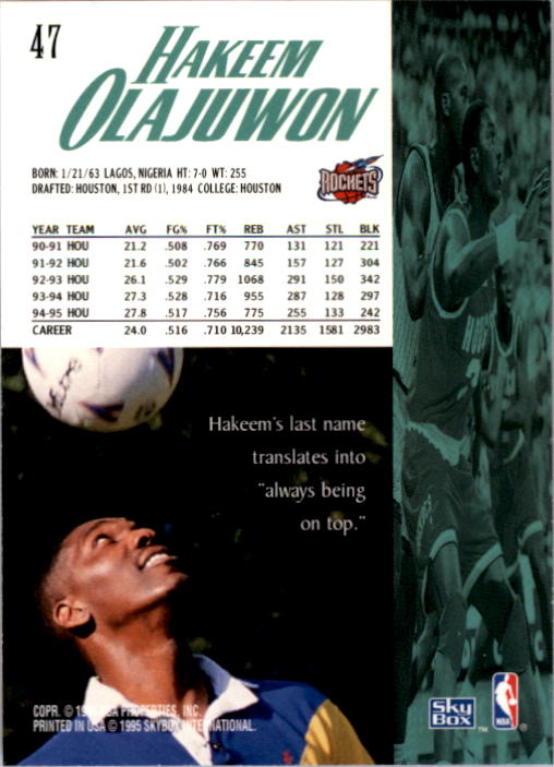 1995-96 SkyBox Premium #47 Hakeem Olajuwon back image