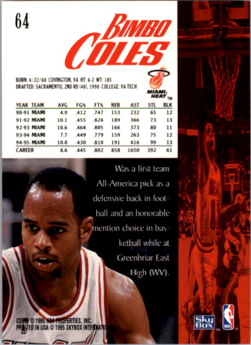 1995-96 SkyBox Premium #64 Bimbo Coles back image