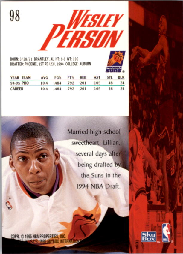1995-96 SkyBox Premium #98 Wesley Person back image