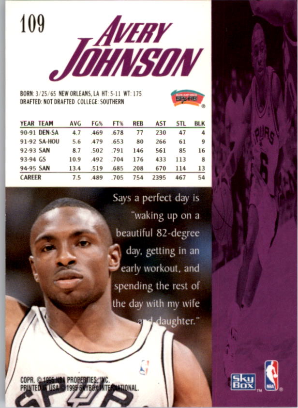 1995-96 SkyBox Premium #109 Avery Johnson back image