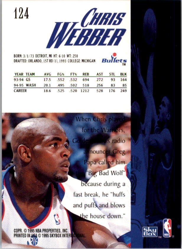 1995-96 SkyBox Premium #124 Chris Webber back image