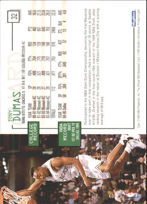 1995-96 Hoops #32 Tony Dumas back image