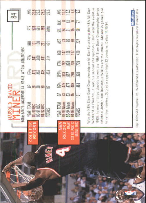 1995-96 Hoops #84 Harold Miner back image