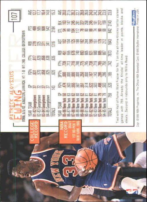 1995-96 Hoops #107 Patrick Ewing back image