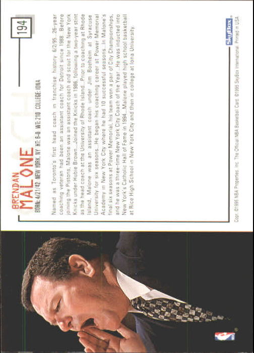 1995-96 Hoops #194 Brendan Malone CO back image