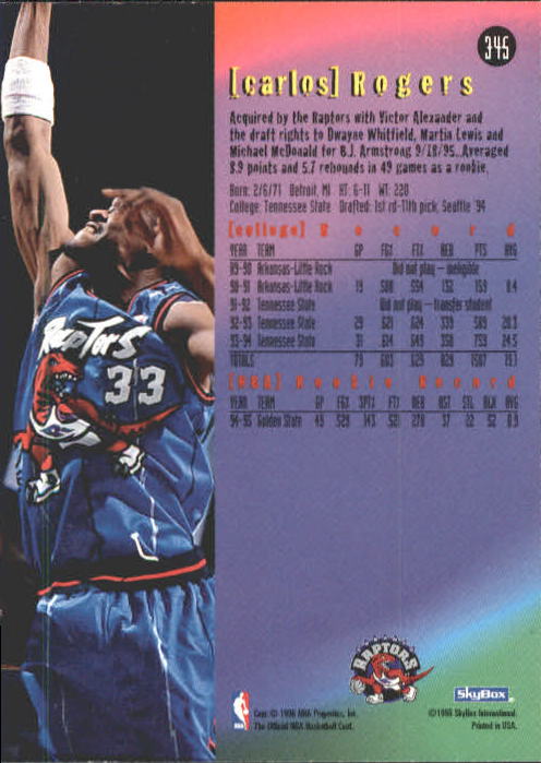 1995-96 Hoops #345 Carlos Rogers ET back image