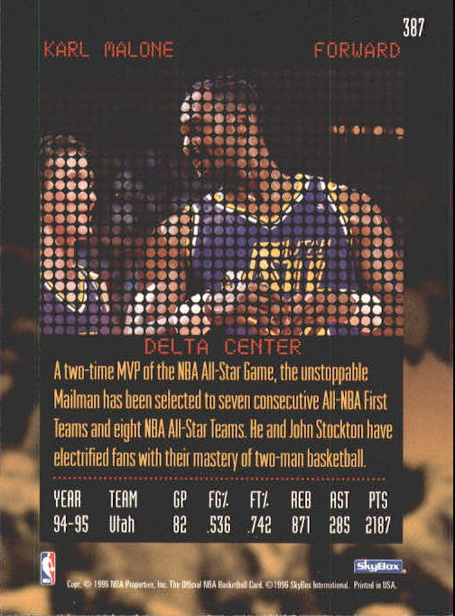 1995-96 Hoops #387 Karl Malone RH back image