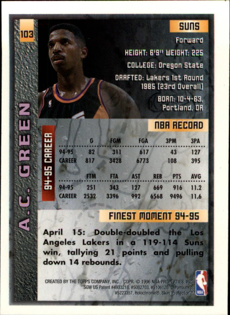 1995-96 Finest #103 A.C. Green back image