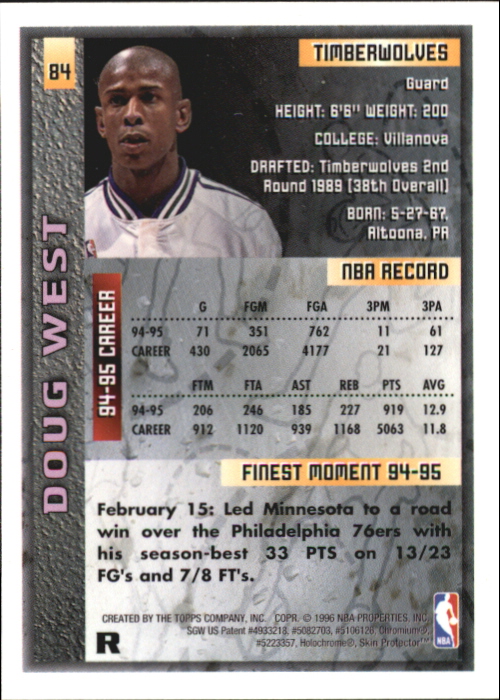 1995-96 Finest Refractors Minnesota Timberwolves Basketball Card #84 Doug West