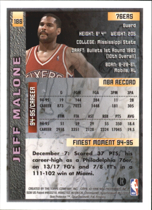 1995-96 Finest Refractors #186 Jeff Malone back image