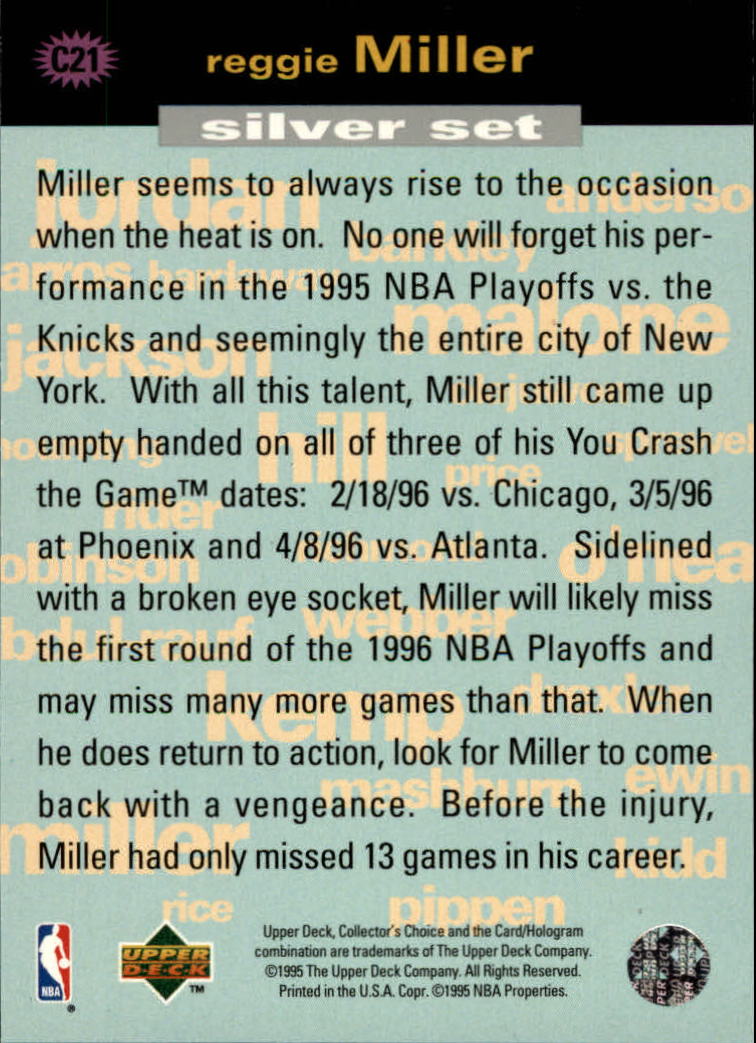 1995-96 Collector's Choice Crash the Game Assists/Rebounds Silver Redemption #C21 Reggie Miller