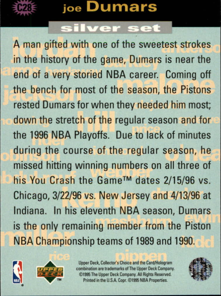 1995-96 Collector's Choice Crash the Game Assists/Rebounds Silver Redemption #C28 Joe Dumars back image