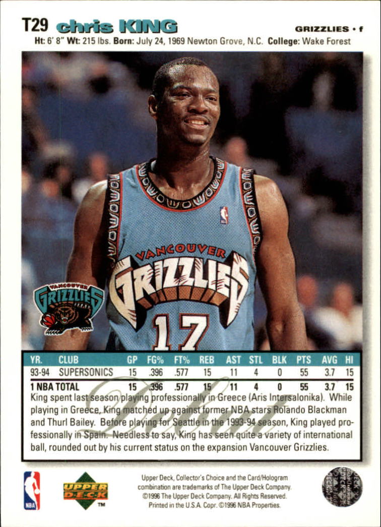 1995-96 Collector's Choice Debut Trade #T29 Chris King back image