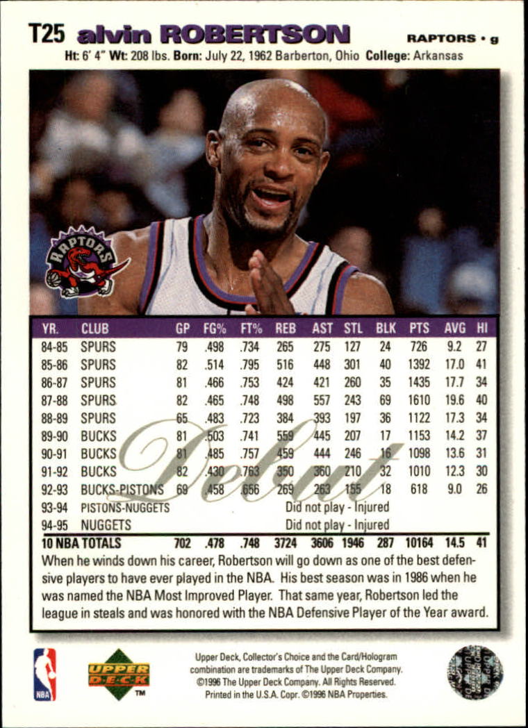 1995-96 Collector's Choice Debut Trade Player's Club Platinum #T25 Alvin Robertson back image