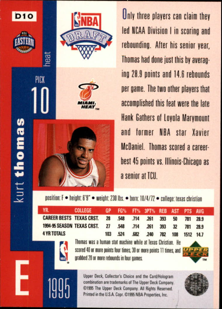 1995-96 Collector's Choice Draft Trade #D10 Kurt Thomas back image