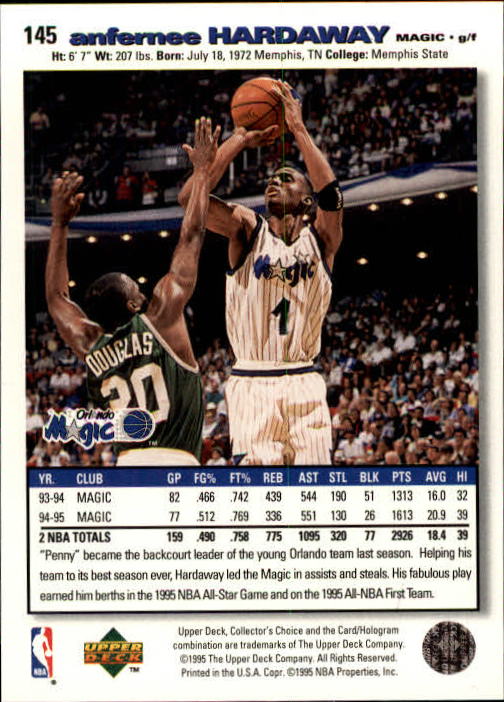 1995-96 Collector's Choice #145 Anfernee Hardaway back image