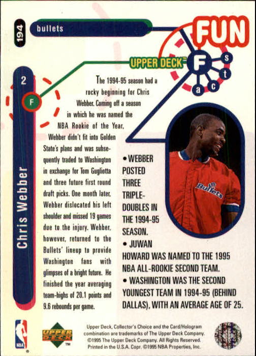1995-96 Collector's Choice #194 Chris Webber FF back image