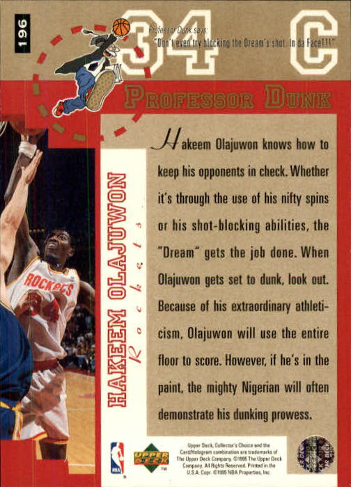 1995-96 Collector's Choice #196 Hakeem Olajuwon PD back image