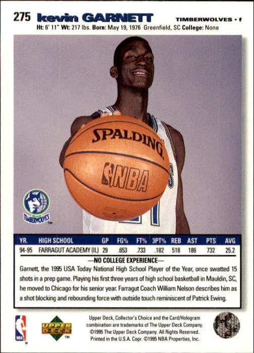 1995-96 Collector's Choice #275 Kevin Garnett RC back image