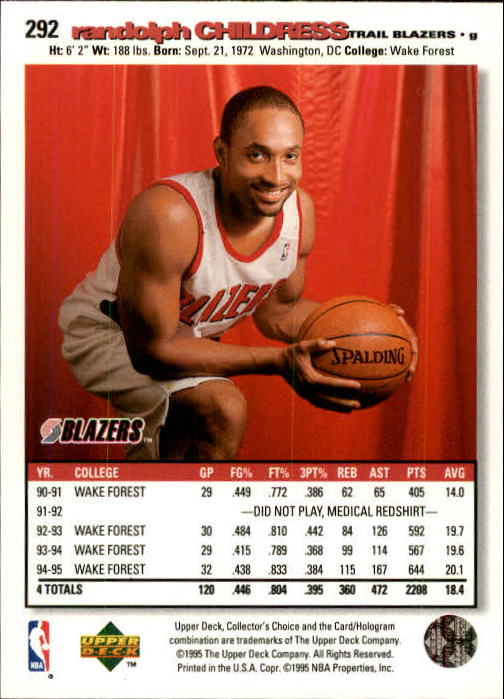 1995-96 Collector's Choice #292 Randolph Childress RC back image