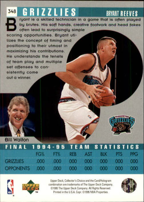 1995-96 Collector's Choice #348 Bryant Reeves SR back image