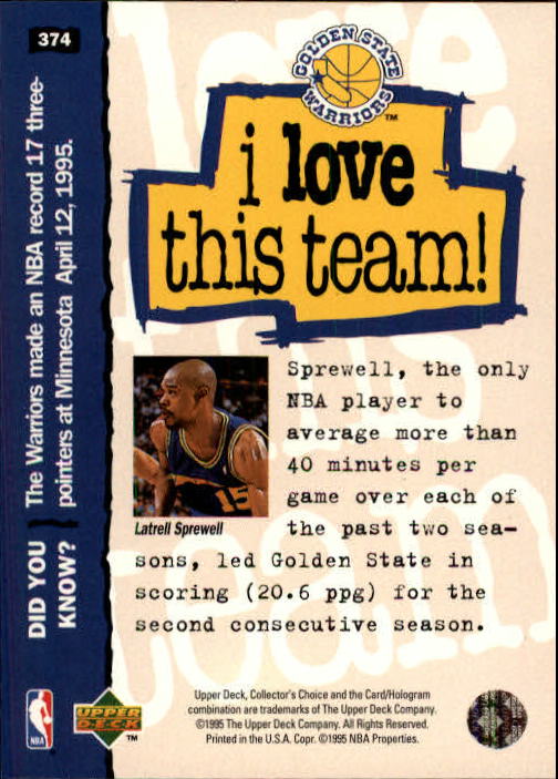 1995-96 Collector's Choice #374 Latrell Sprewell LOVE back image