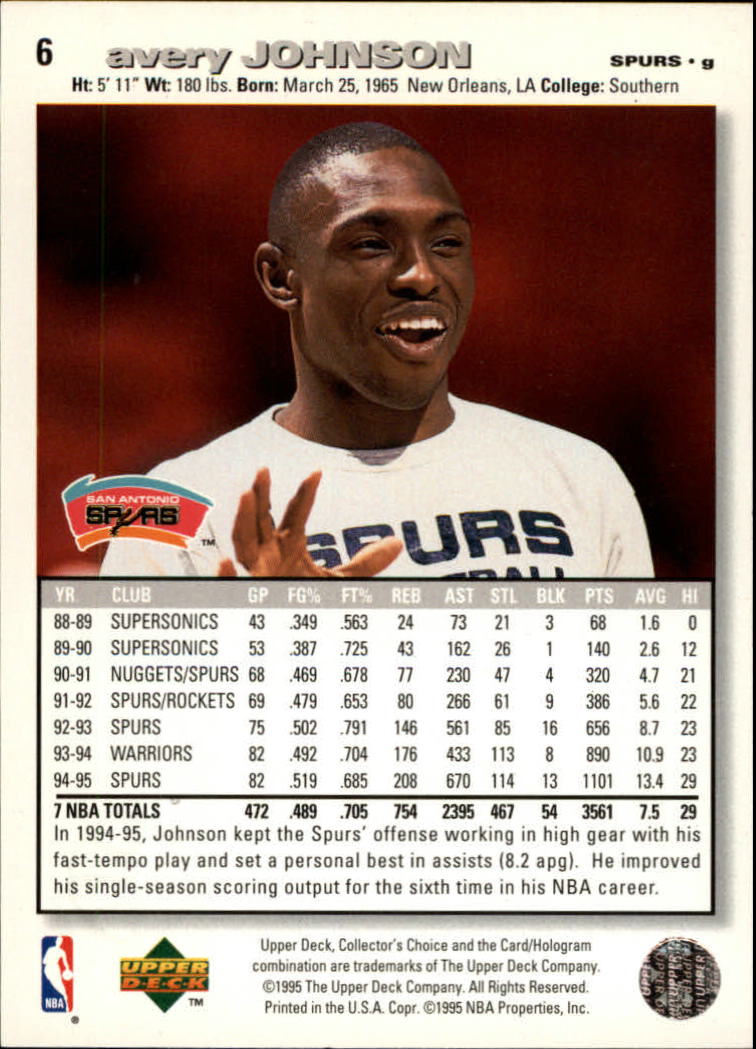 1995-96 Collector's Choice Player's Club #6 Avery Johnson back image