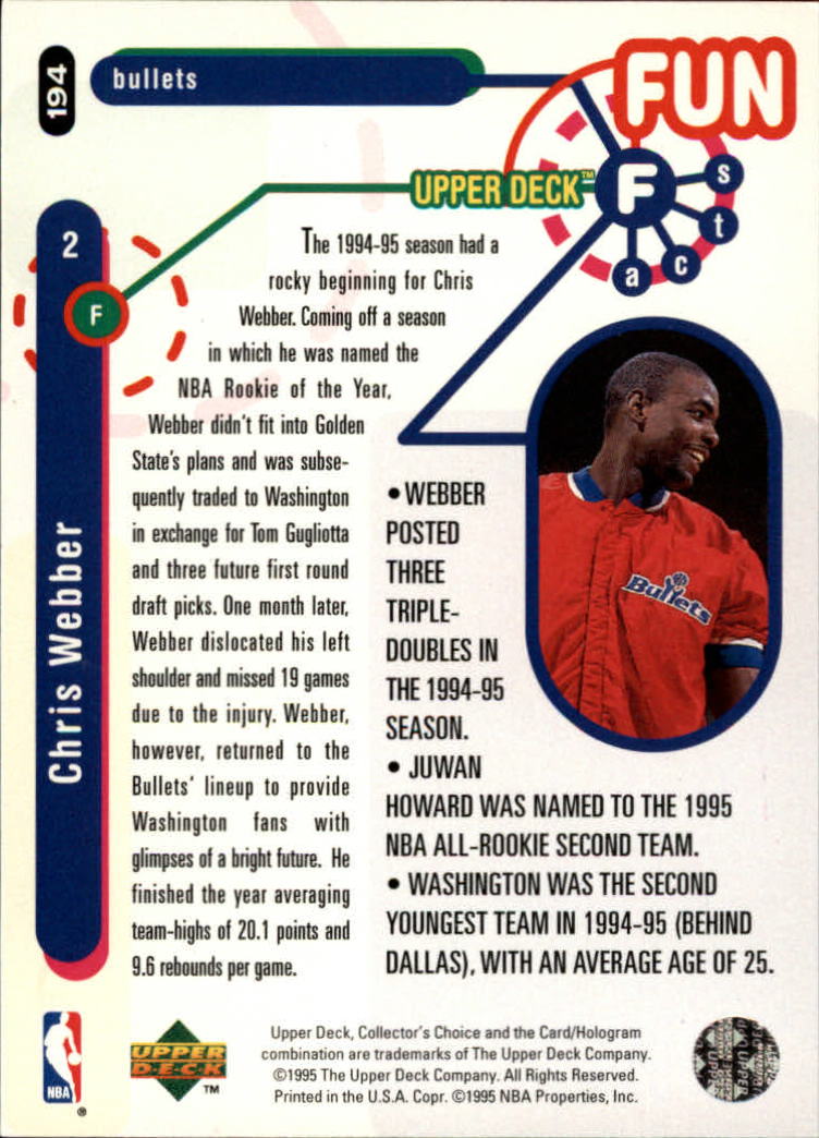 1995-96 Collector's Choice Player's Club #194 Chris Webber FF back image