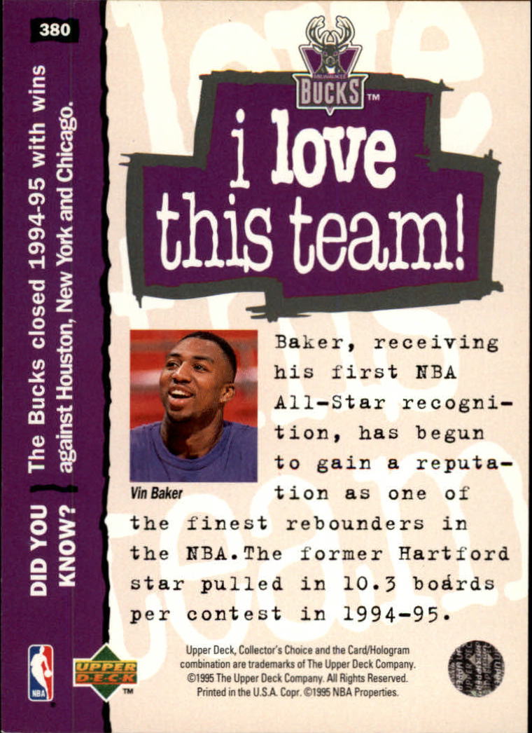 1995-96 Collector's Choice Player's Club #380 Vin Baker LOVE back image