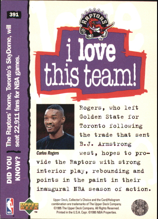 1995-96 Collector's Choice Player's Club Platinum #391 Carlos Rogers LOVE back image