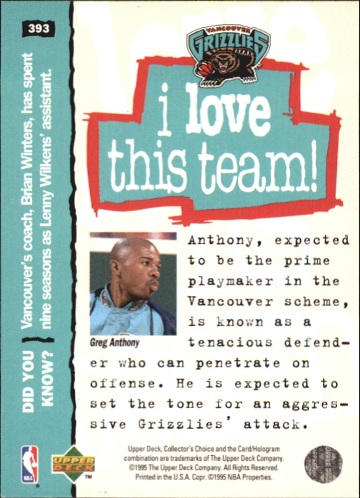 1995-96 Collector's Choice Player's Club Platinum #393 Greg Anthony LOVE back image