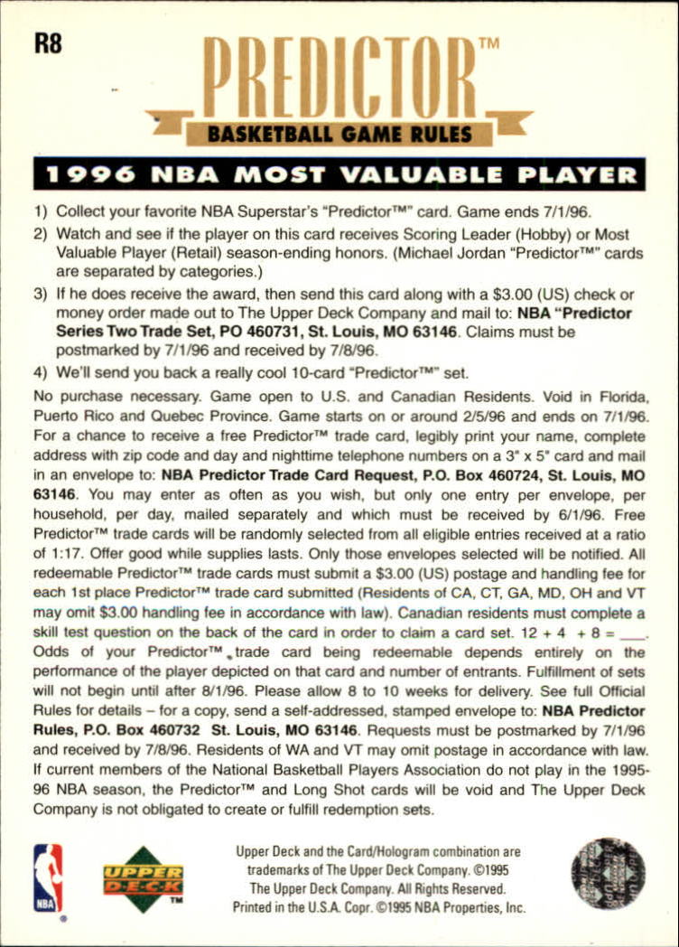 1995-96 Upper Deck Predictor MVP #R8 Karl Malone L back image