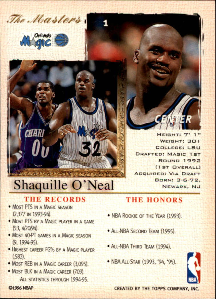 1995-96 Topps Gallery #1 Shaquille O'Neal back image
