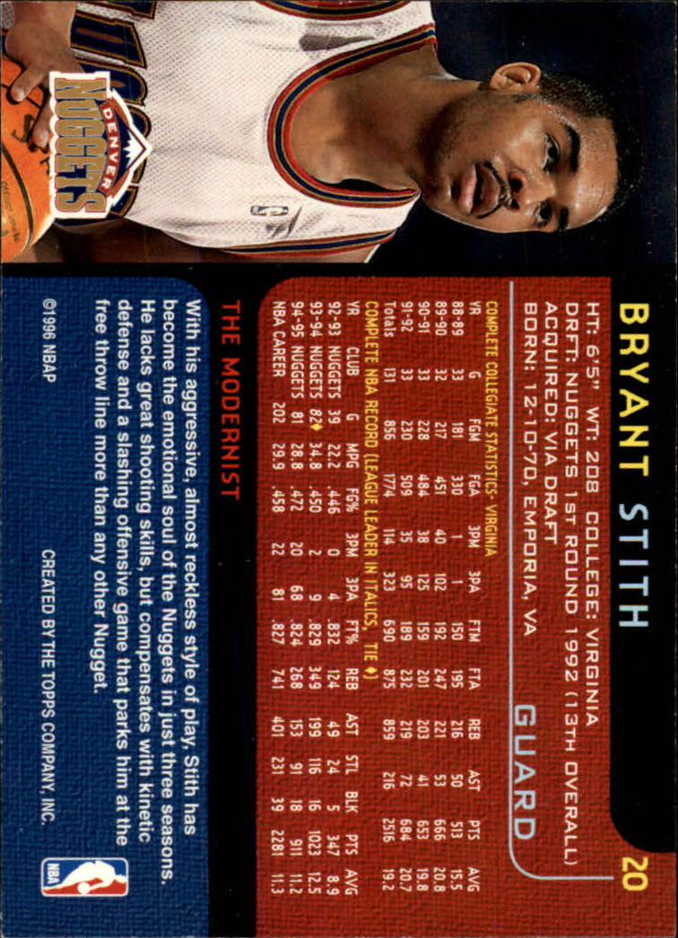 1995-96 Topps Gallery #20 Bryant Stith back image