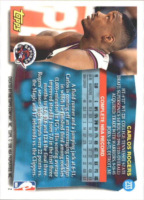 1995-96 Topps #233 Carlos Rogers back image