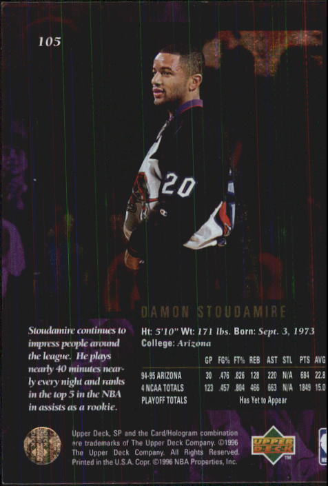 1995-96 SP Championship #105 Damon Stoudamire RC back image